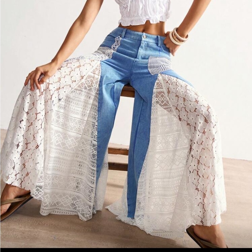 Bohemian Women's Blue and White Lace Flare High Waisted Jeans